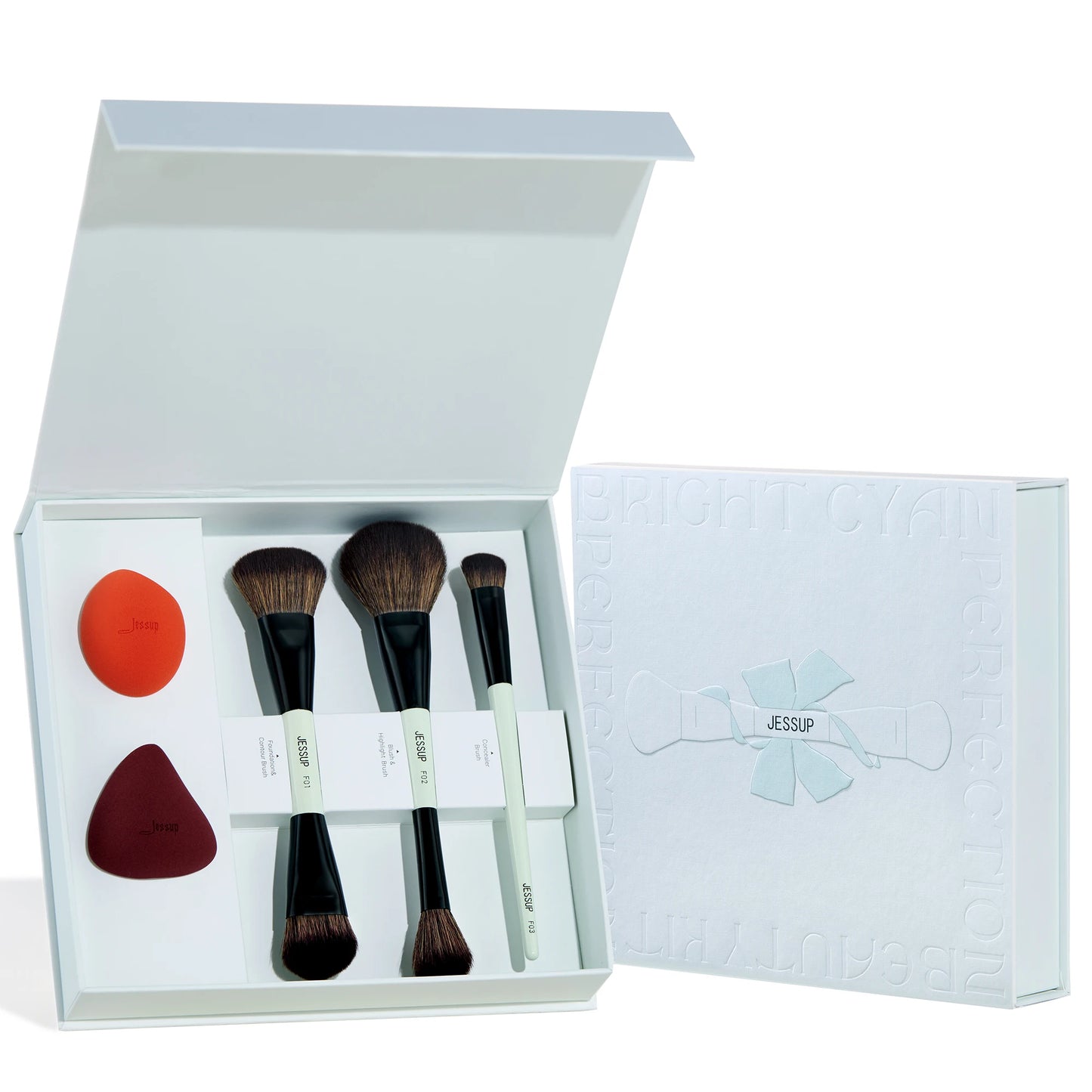 Jessup Double-Ended Makeup Brushes 6pcs, Vegan Fiber, Daily Use, Bright Cyan