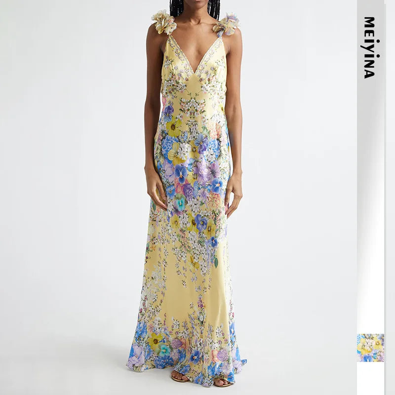 100% Silk Floral Print Sleeveless Sling Maxi Dress for Women Elegant Deep V Neck Backless Sexy Club Party Long Dress