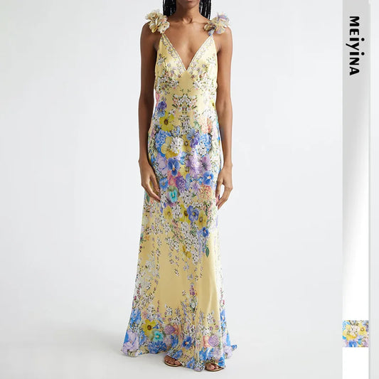 100% Silk Floral Print Sleeveless Sling Maxi Dress for Women Elegant Deep V Neck Backless Sexy Club Party Long Dress