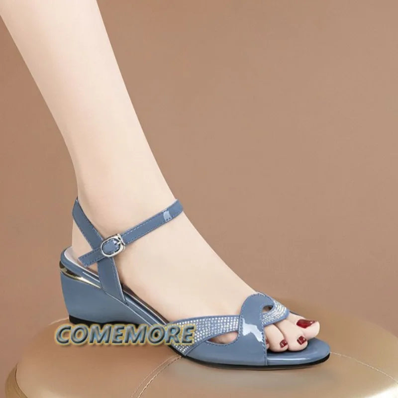 2025 Women's Elegant Mid Heel Sandals Fashion Sexy Rhinestone Summer Shoes Ankle Buckle Strap Peep Toe Blue Red Casual Footwear