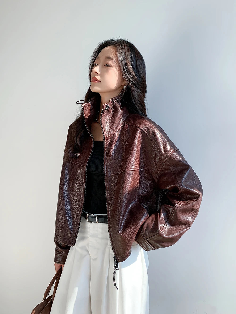 Vintage Genuine Leather Cropped Jackets for Women Spring Autumn 2025 New High-end Simple Stand Collar Bubble Real Sheepskin Coat