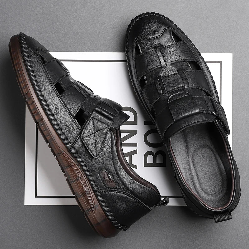 Genuine Leather 2024 Summer Special Offer Men's Business Casual Hollow Work with Holes Leather Sandals Men's Work Hole Sandals