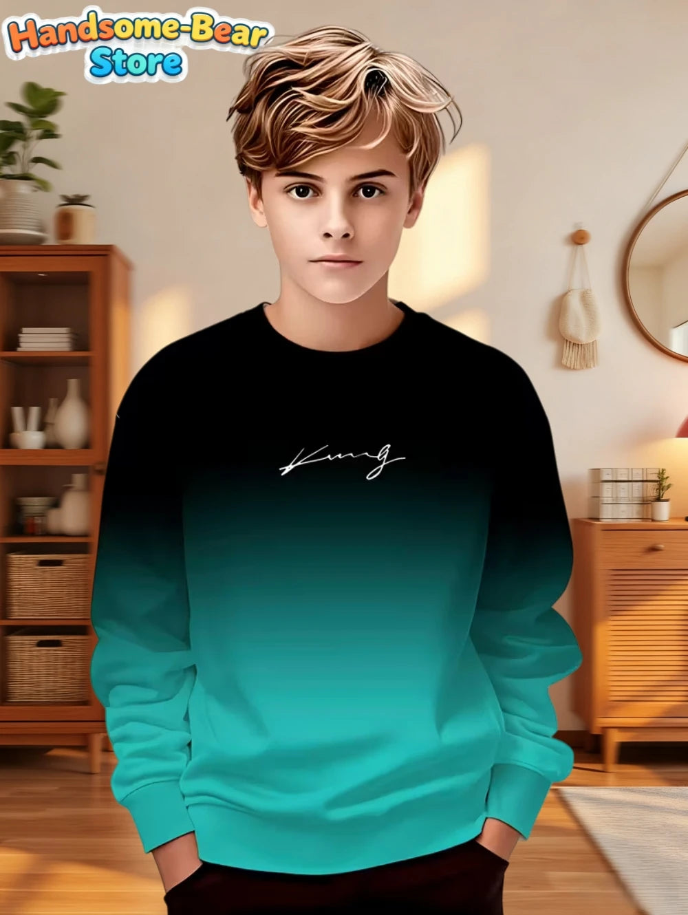 Autumn Classic Boys Sweatshirt Outdoor Round Neck Long Sleeves Top Stripe 3D Print Loose Hoodies Streetwear Children's Clothing