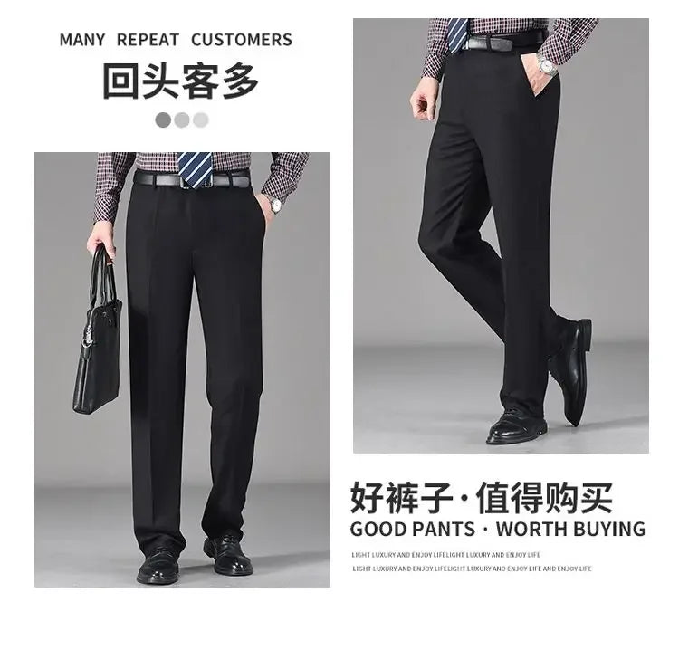 Vintage Autumn Winter Thicken Wool Fleece Suit Pants Men Middle Age High Waist Straight Loose Business Casual Straight Trousers