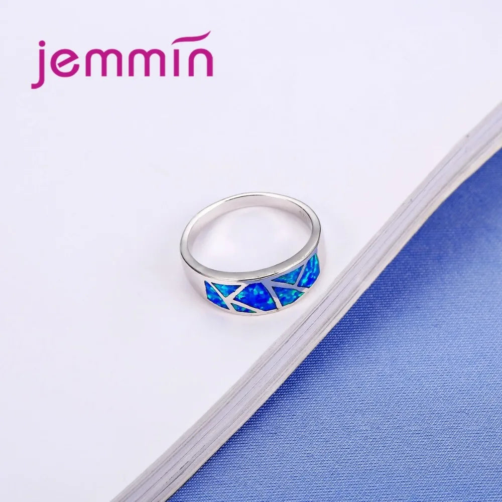 925-Sterling-Silver  Ring Jewelry For Women Blue Opal Anillos Bijoux Wedding Annivesary Finger Rings For Female Accessory