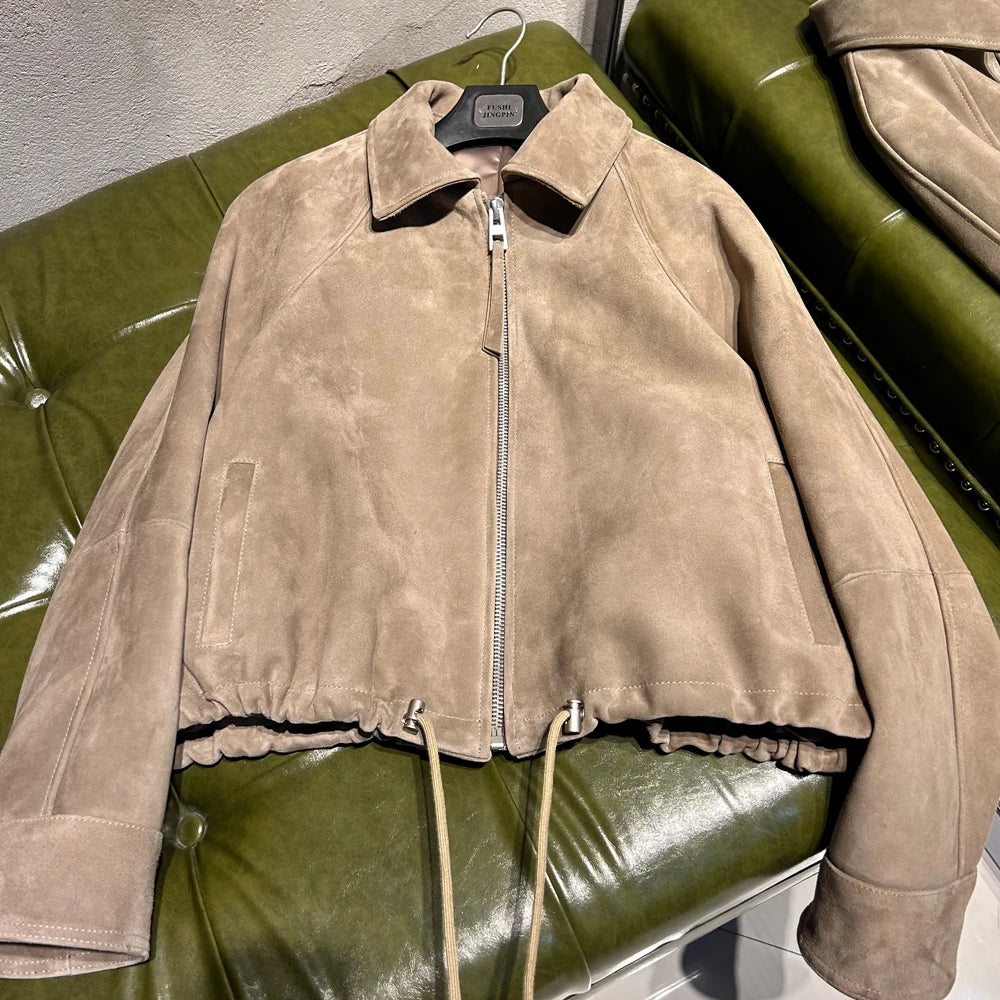 Women's Vintage Suede Jackets Real Sheep Suede Jacket Long Sleeves 2025 Autumn Outerwear