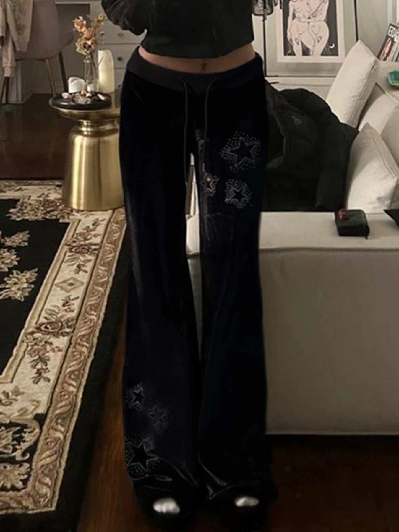 AltGoth Y2k Streetwear Gothic Velvet Pants Women Dark Cyber Punk Harajuku Grunge Pentagram Printed Low Waist Stright Pants Femme