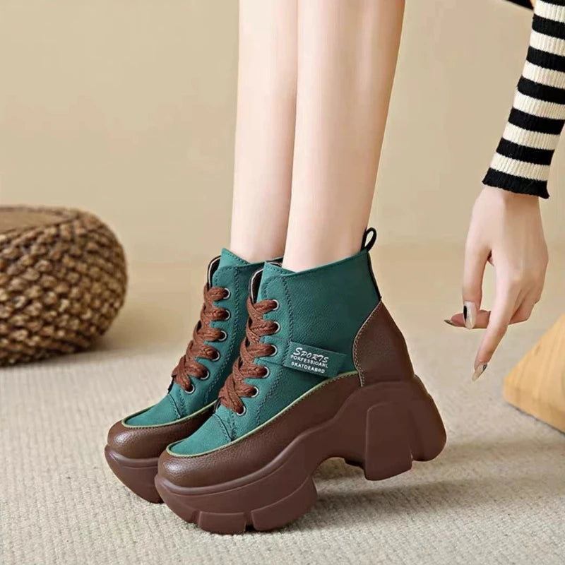 Women's Shoes on Sale High Quality Lace Up Women Boots Winter Round Toe Mixed Colors Short Barrel Platform Increase Height Boots