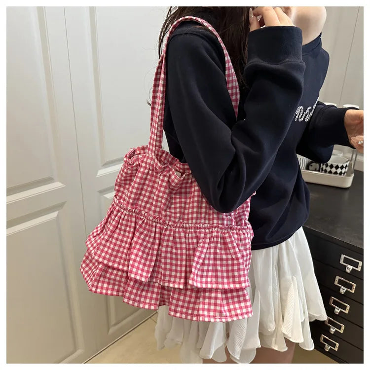Women's Tote Bag Ruffles Plaid Drawstring Handbag Women Fashion Canvas Shoulder Bags	Large Capacity Korean Bags Bolsos De Mujer