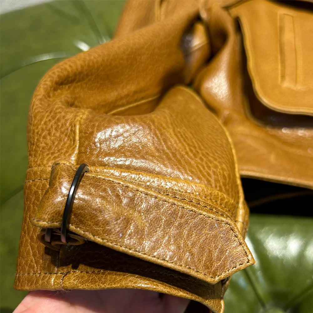 Grained Vintage Leather Jacket Women High Quality Genuine Sheep Leather Coat 2025