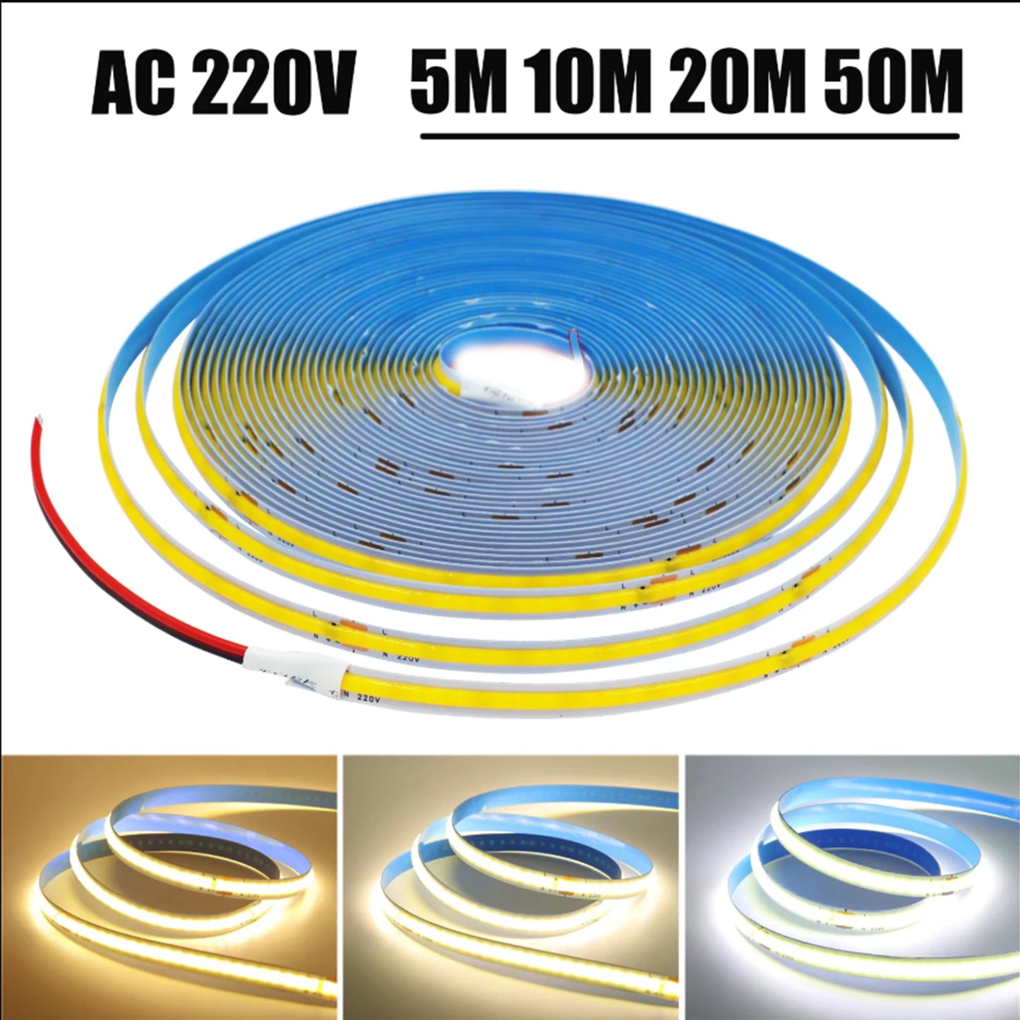 5M 10M 20M 50M/Roll COB Strip AC 220V 240Leds/M IP20 3000K 4000K 6000K Driver Build In Home Decor Flexible Ribbon Rope LED Light