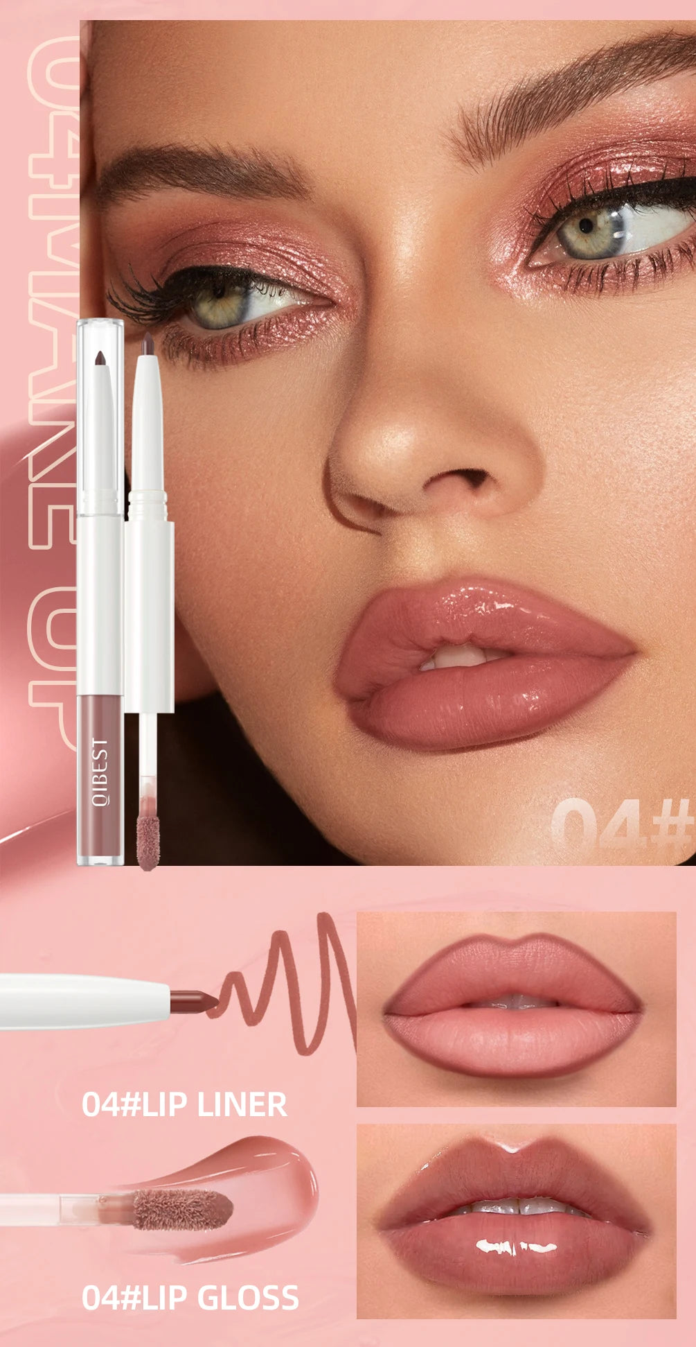 QIBEST Double Head Mirror Lip Glaze Lipliner Pen Water Light Lipgloss Makeup 2 in 1 Stick Matte Velvet Lip Liner Contour Pencil