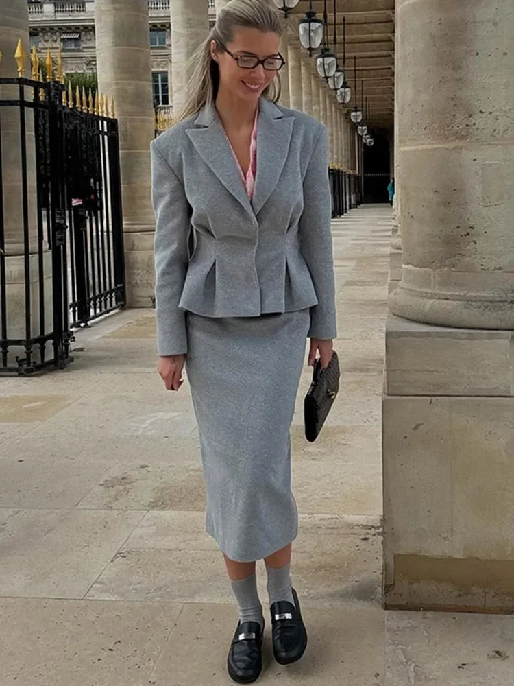 Elegant Women Solid Woolen Blazer Coat Skirt Suits Fashion Lapel Long Sleeves Overcoat Slim Hip Package Long Skirts Lady Outfits
