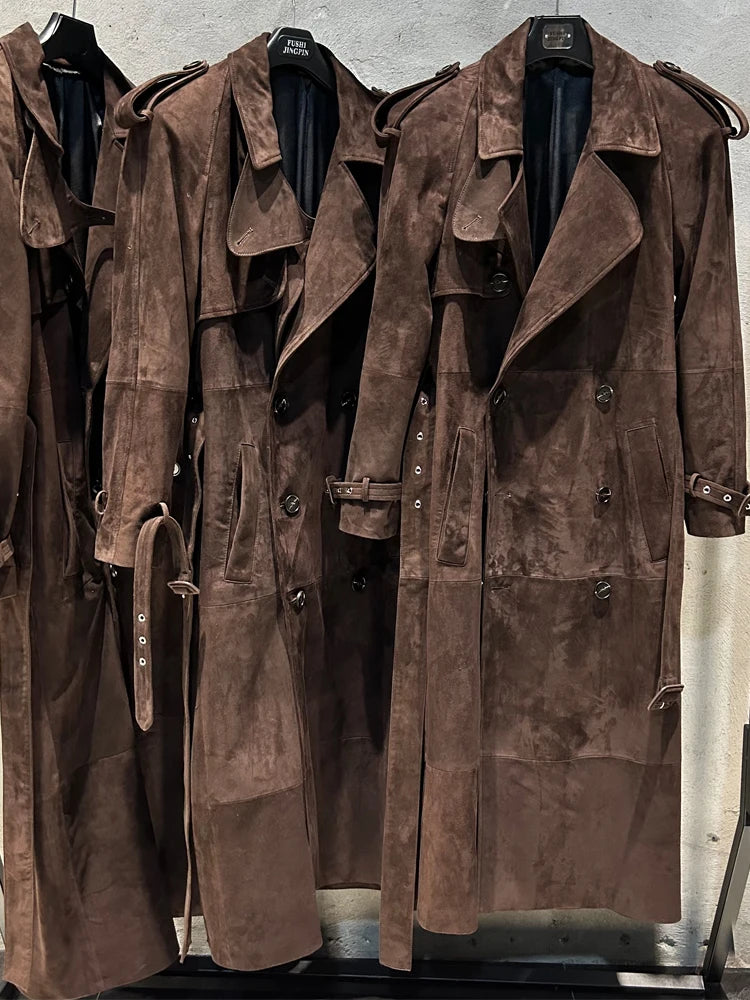 Suede Burgundy Long Coat Double Breasted Windbreak Length 150cm Women's Real Suede Coat