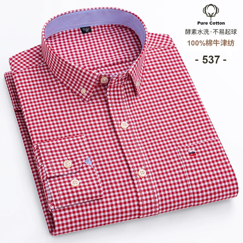 S-6XL Casual Pure Cotton Oxford Mens Shirts Long Sleeve Embroidery Horse Design Regular Fit Fashion Button Man White Dress Shirt