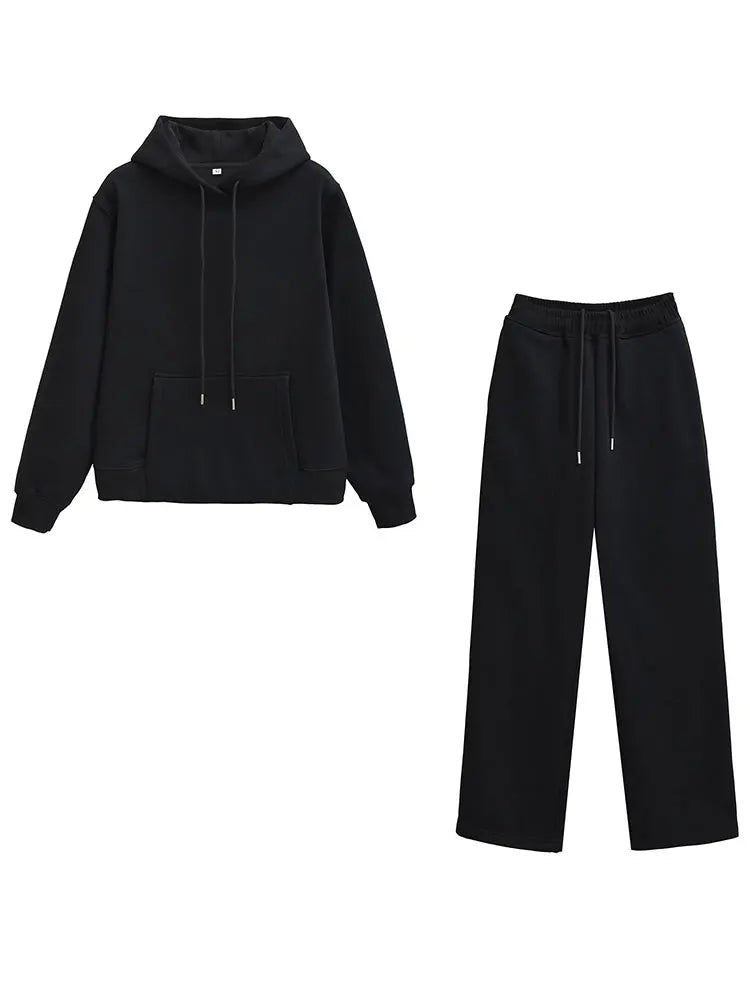 HH Women Solid Pants Suits Pullover Coats Hooded Sweatshirts Drawstring Wide Leg Trousers Autumn Casual Woman Jogging Pants Sets