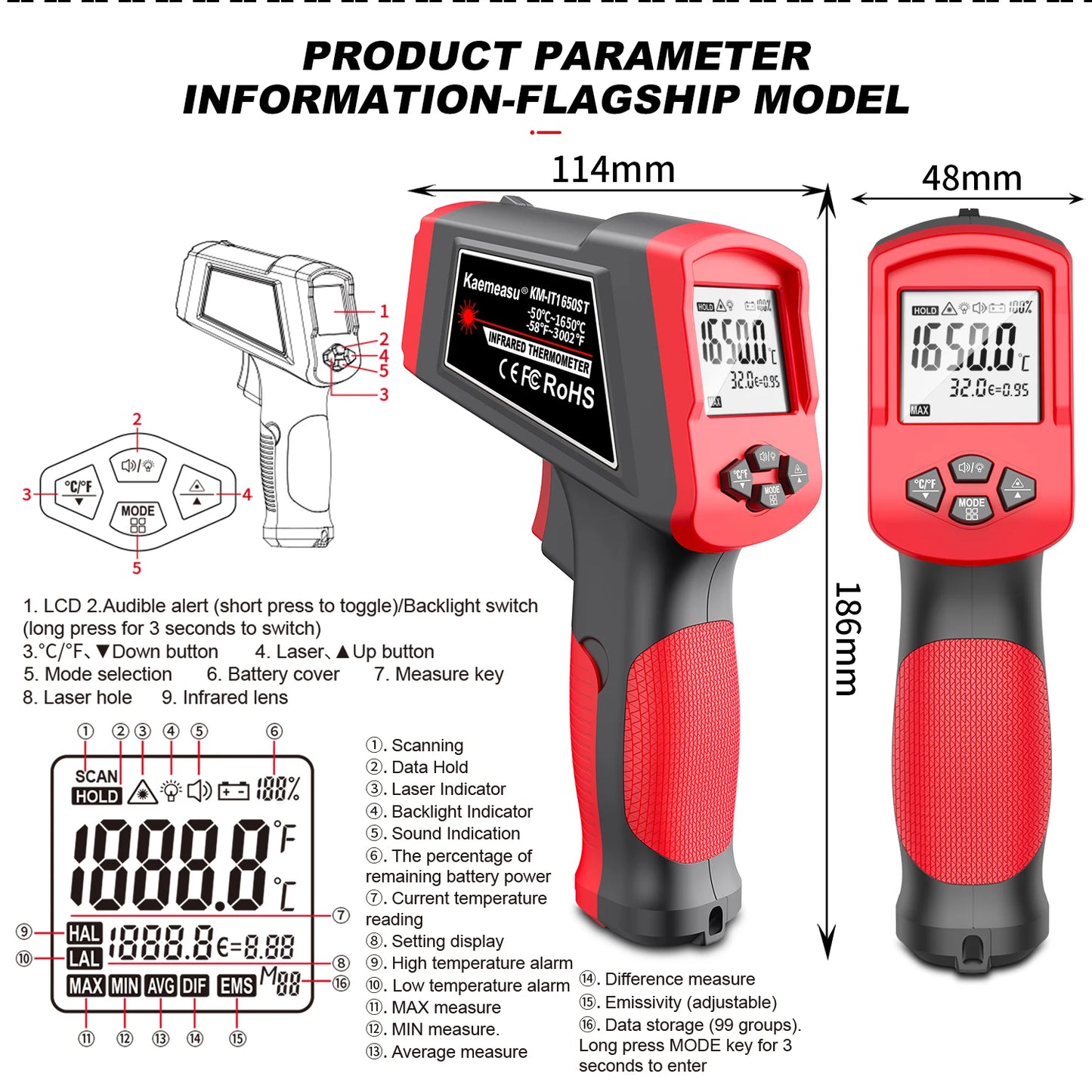 Infrared Thermometer Gun Home & Industrial Non-Contact Digital Laser Thermometer for Engine Kitchen BBQ Pizza Oil Cooking Meat