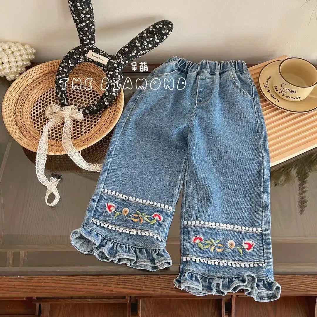 Korean Embroidered Jeans for Girls Spring and Autumn Fashion Style Trumpet Pants Children Clothing Stylish Kids Denim Trousers