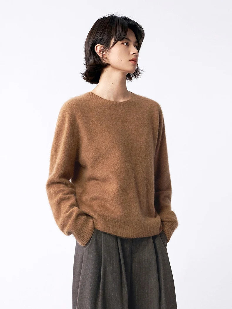 SuyaDream, Women Fleece Pullovers, V Neck, 3.8%Cashmere 96.2%Wool, Chic Warm Sweaters, 2025 Fall Winter Solid Top, Camel, Olive