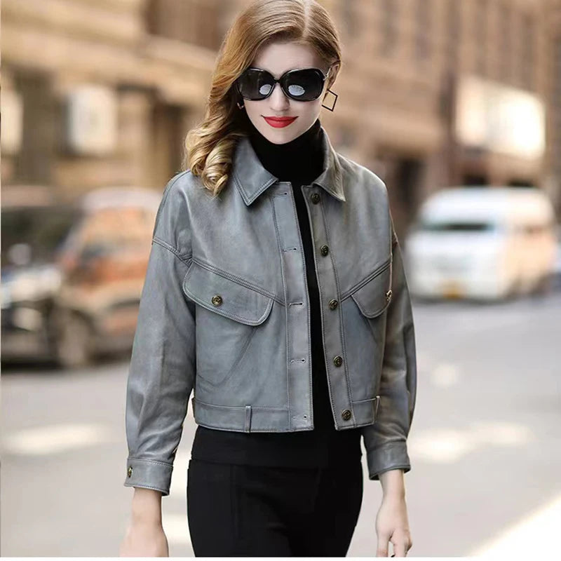 Khaki Genuine Leather Jacket Winter Coat Women Sheepskin Short Casual All-match Show Thin Locomotive Small Chaqueta Jassen Dames