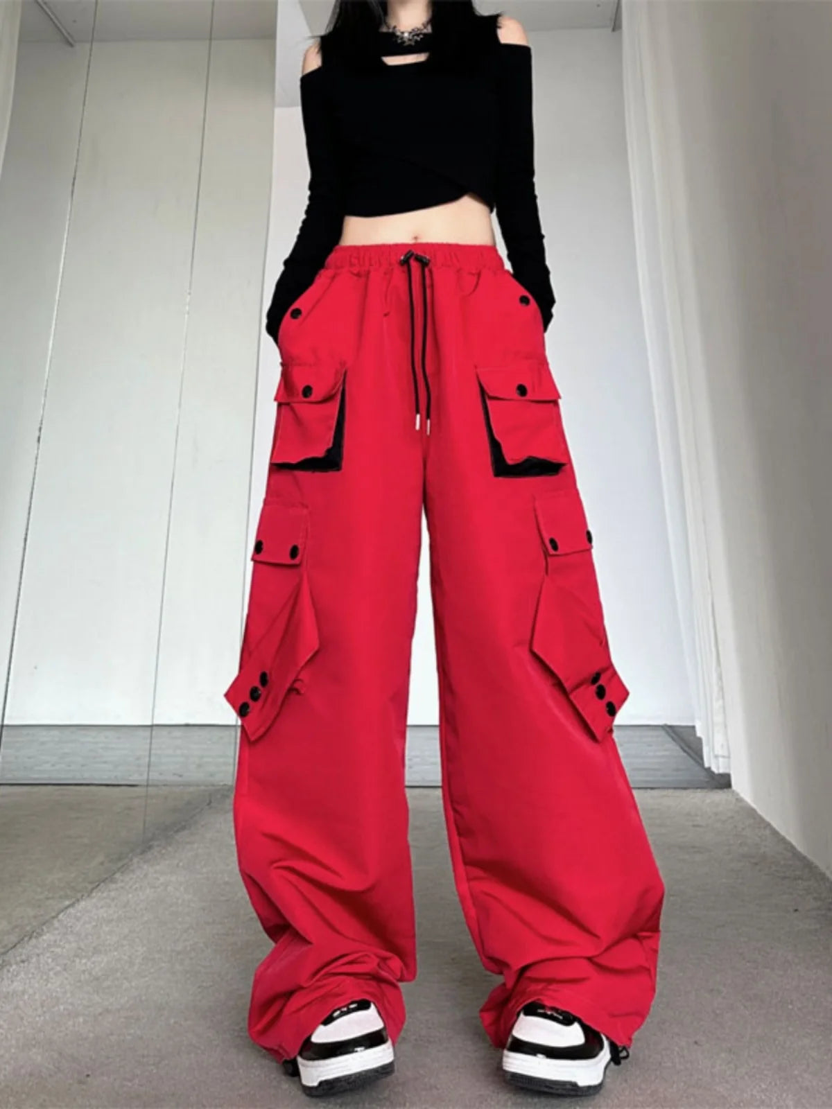 American High Street Workwear Casual Pants Women Loose Color Block Straight Leg Long Pants Pocket High Waist Wide Leg Trousers
