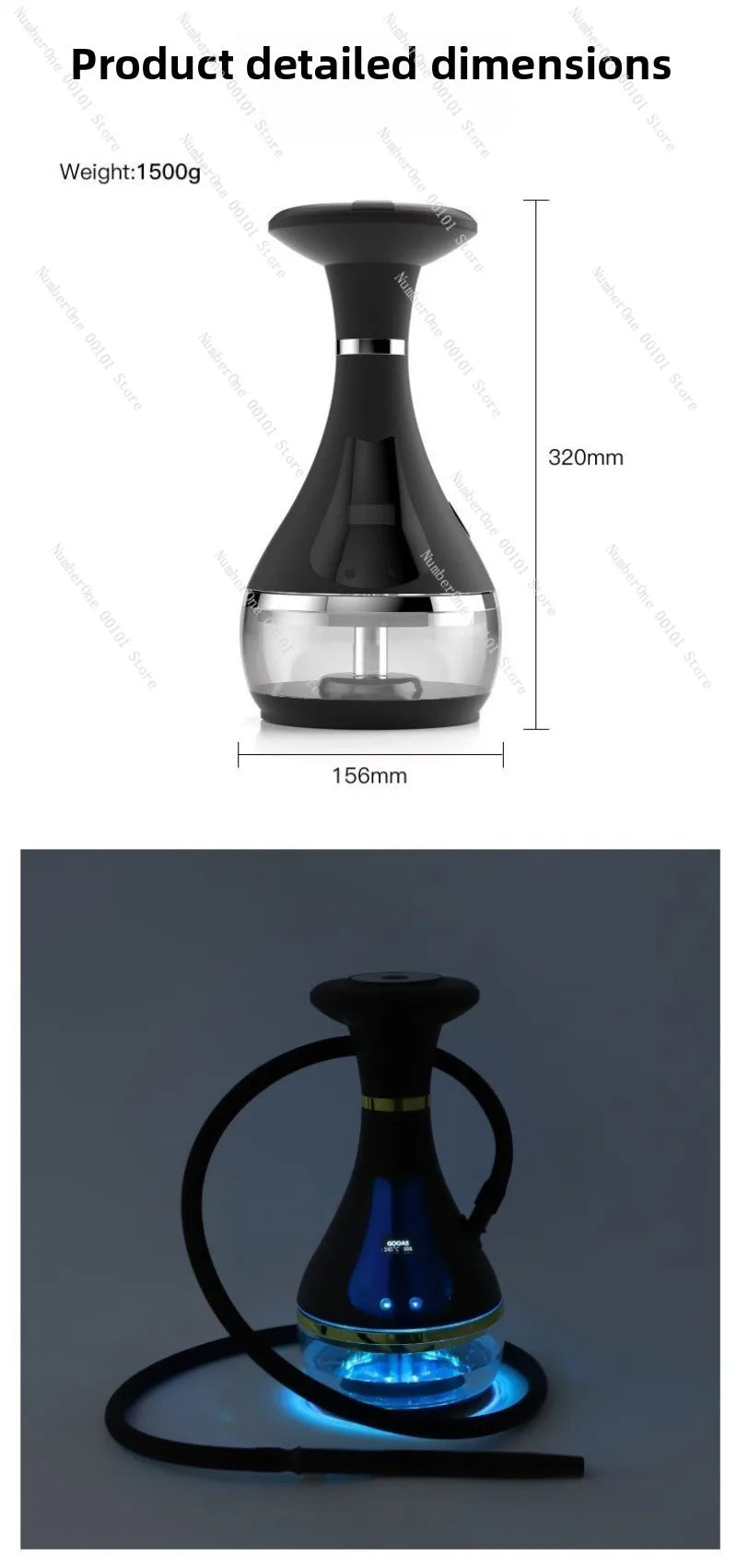 Rechargeable Electronic Hookah Set with LED Light, Portable Smokeless Shisha Machine for Home Party Bar Club, USB Electric Hooka