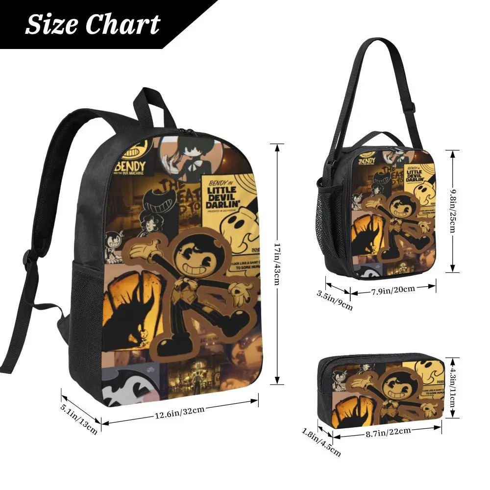 3Pcs Bendys And The Dark School bags Set for Boy Girl Pen Bags Backpack Sets with Lunch Box For School Students Knapsack
