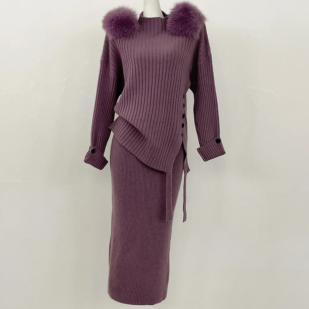 Sweater Set Warm suit Women Winter Knitted Suits two Piece Set Natural fox fur collar Sweater + Loose Trousers Office Lady Suit