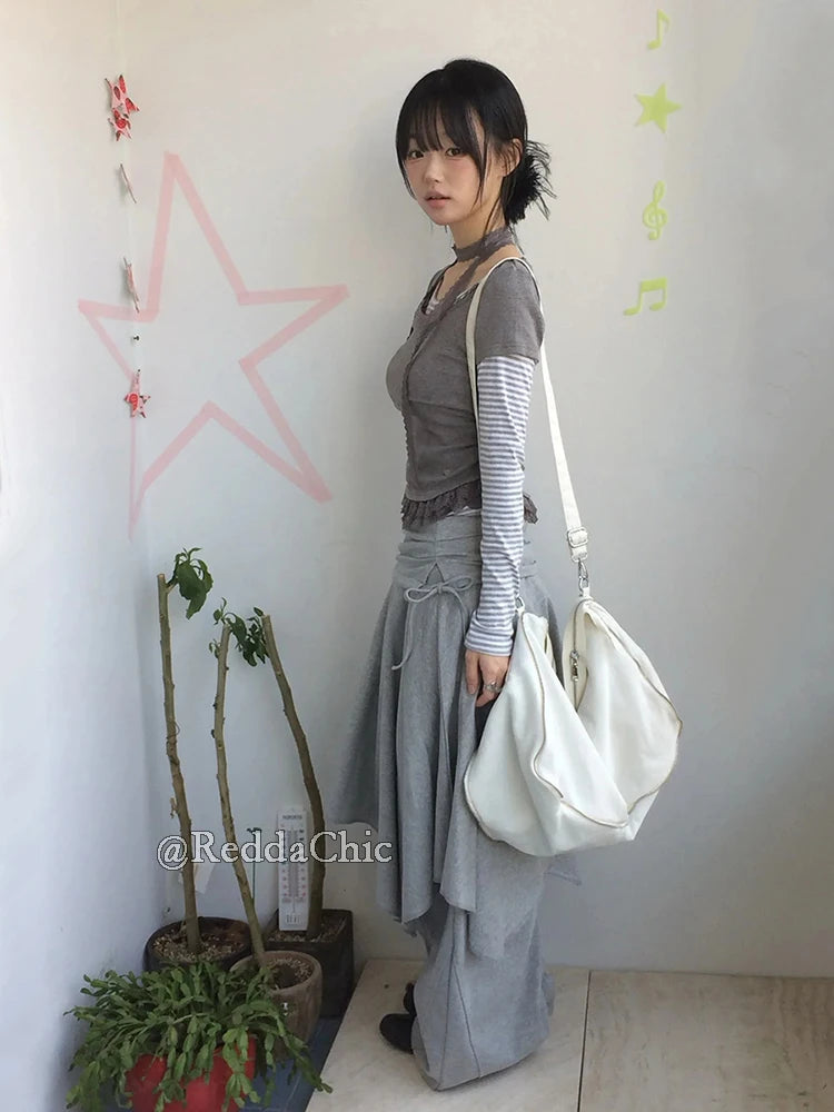 REDDACHiC Lounge Wrap Sweat Pants Gray Trendy Elastic Waist Ruffle Skirt Overlay Wide Leg Trousers New In Korean Woman Clothing