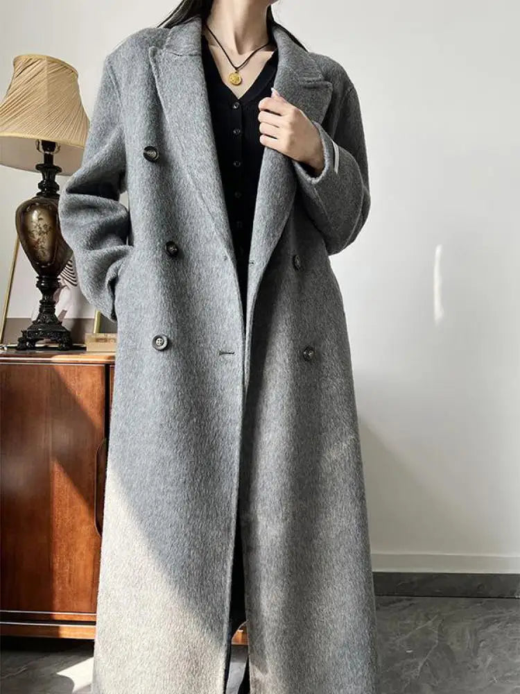 Office Lady Woolen Jackets 2024 Autumn And Winter Suit Collar Double Breasted Warmer Yak Hair Loose Long Women's Wool Coats