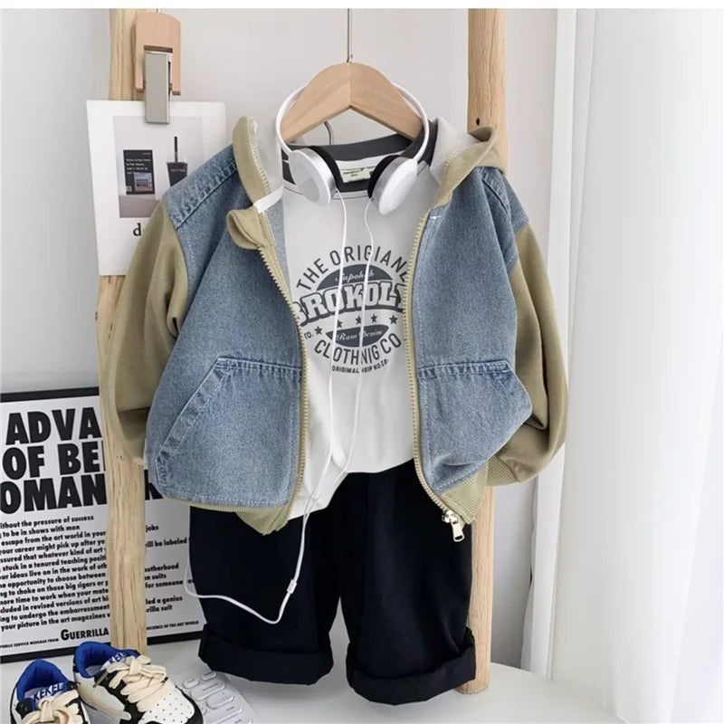 Boys Jeans Jackets Spring Girls Fashion Hooded Coats Autumn Children Clothes Kids Casual Zipper Colorblocking Outerwear 1-10Y