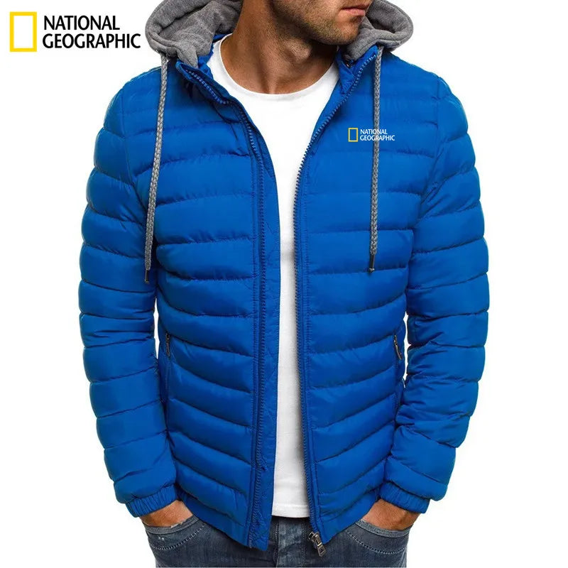 2025 New National Geographic Men's Cotton Padded Coat for Autumn and Winter, Embroidered Warm Hooded Zipper Hooded Coat for Men