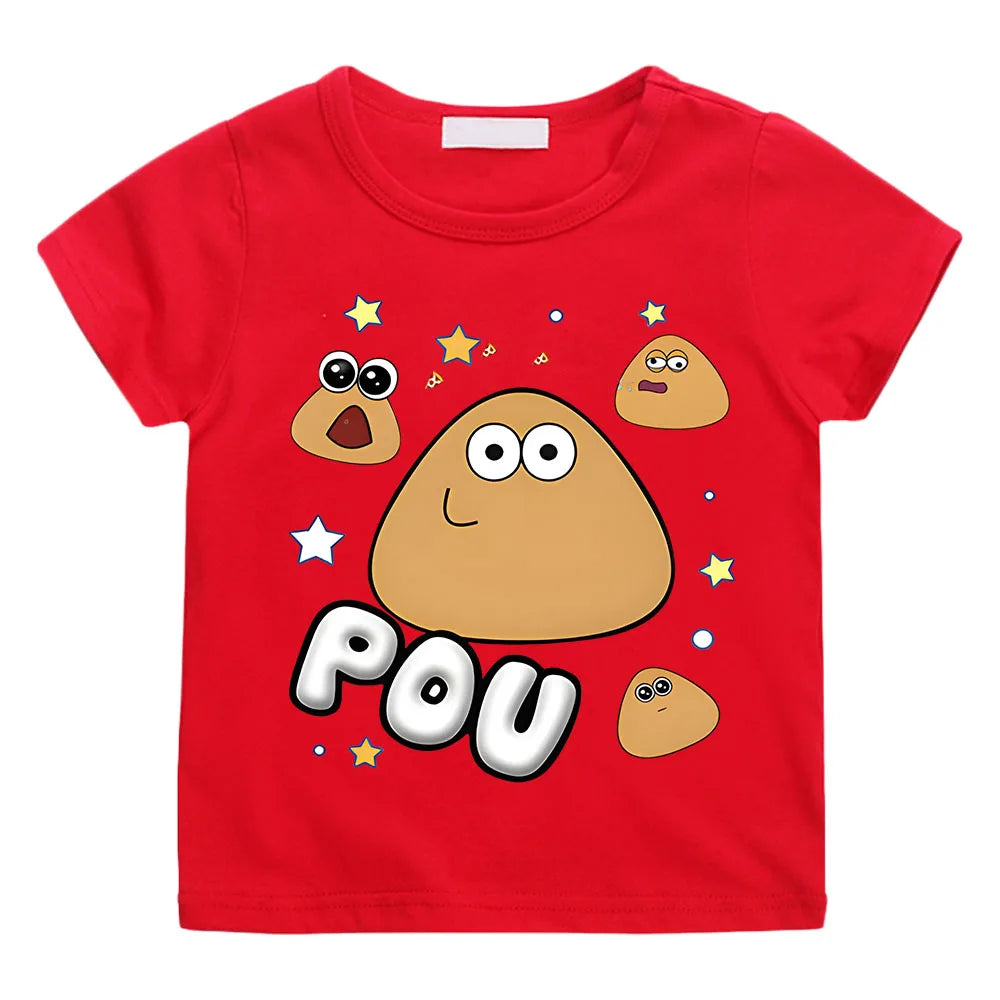 POU Kawaii Print Anime T-shirts Kids Cartoon Manga Tshirt Kawaii Comic Cotton Short Sleeve Boys/Girls T Shirt Teens Streetwear