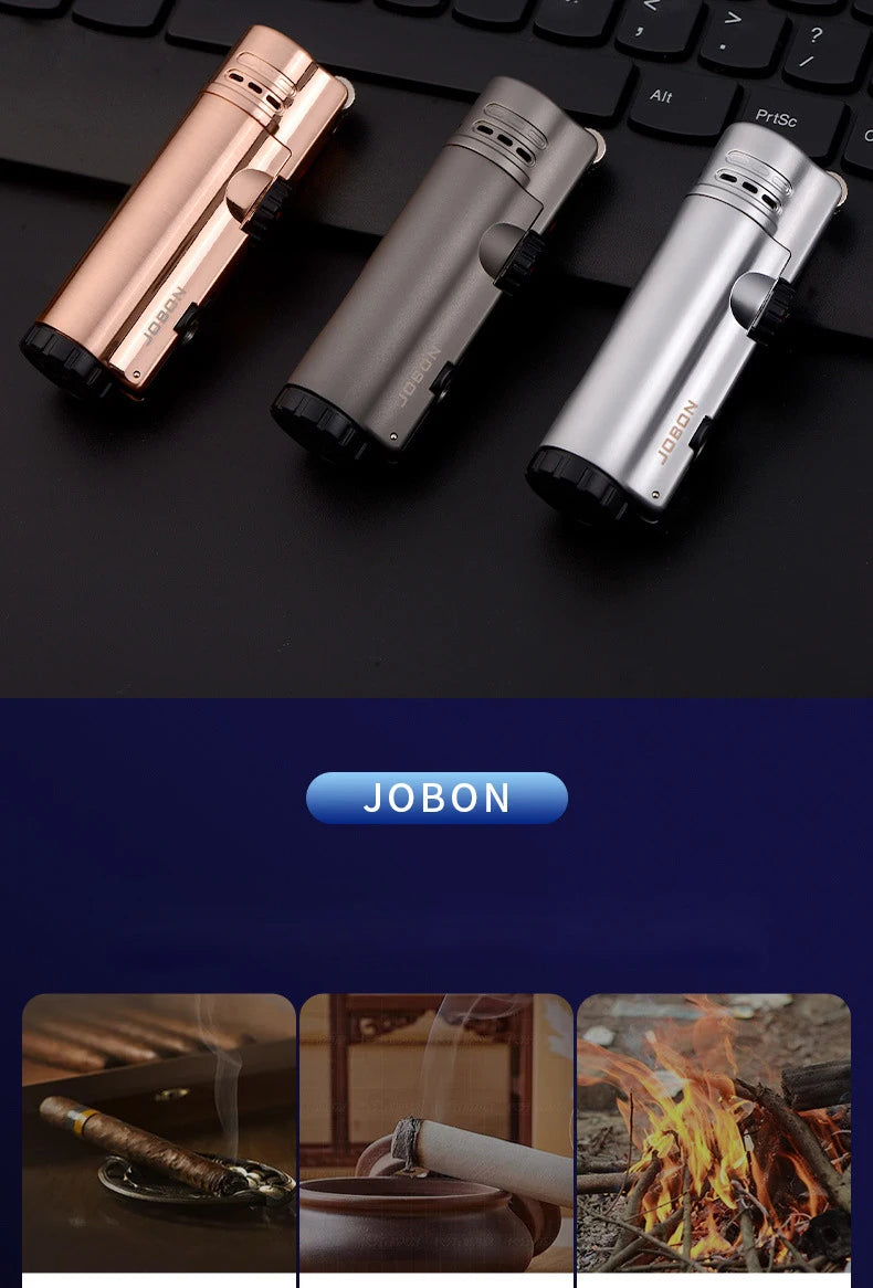 JOBON Inflatable 4 Torch Jet Windproof Lighter Metal Grinding Wheel Flint Lighter Gas Butane Inflatable Gift Cigar Lighter