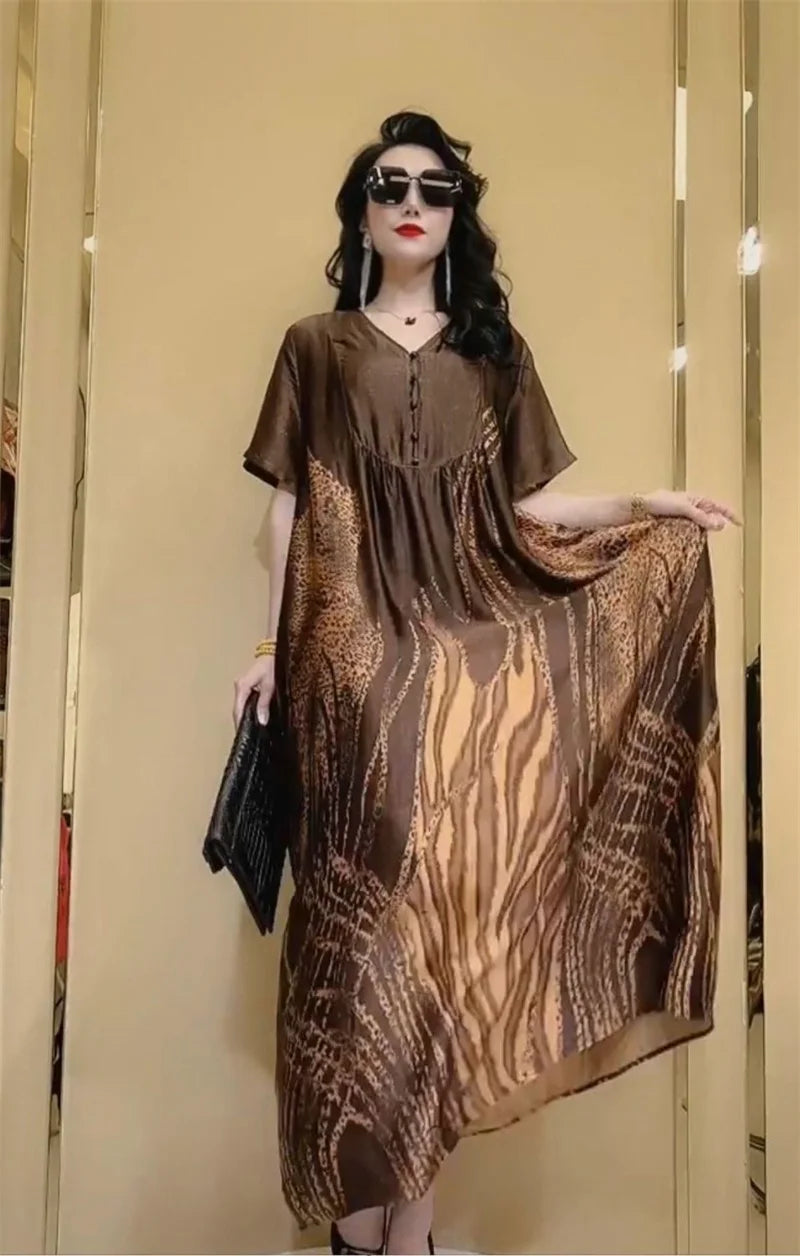 High end brand Ice silk dress 2025 Summer New Style Stylish and Fashionable Covering Belly Slim Women's French Silk Long Dress