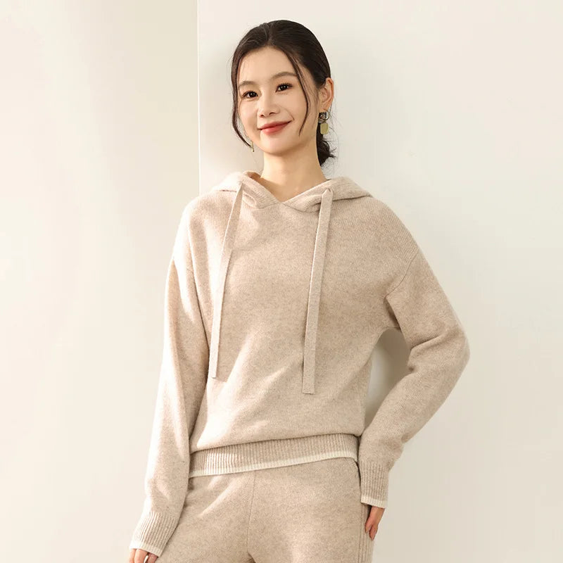 Autumn And Winter New 100 Pure Wool Suit Women Hooded Sweater Wide-Leg Pants Casual Knitting Two-Piece Suit