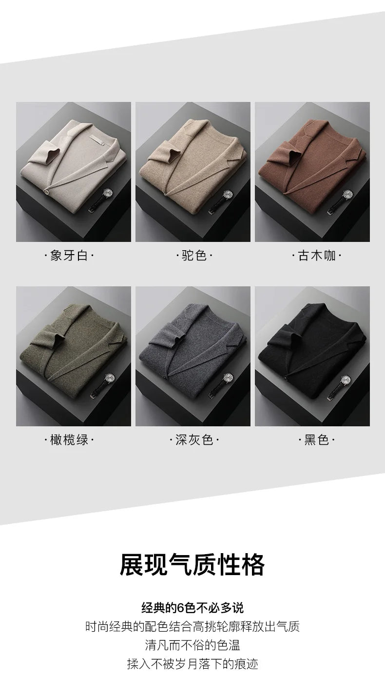 100% Merino Wool Men's Suit Collar Knitted Cardigan Autumn Winter Thickened Solid Color Suit Shirt Cashmere Jacket Sweater
