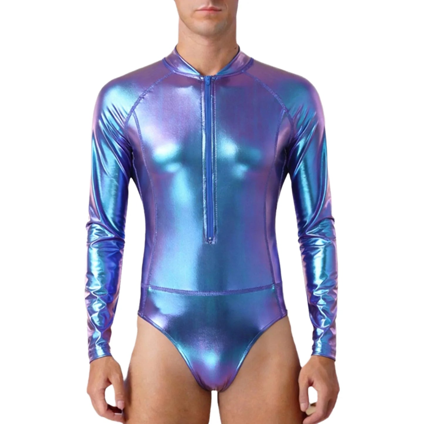 Mens Bathing Suits Swimsuits Metallic Shiny Bodysuit Long Sleeve One-piece for Nightclub Jazz Dance Beach Gymnastics Leotard