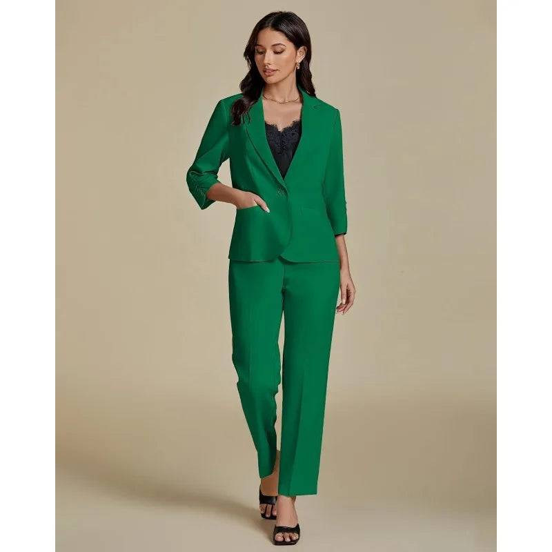 Pant Suits for Women Dressy 2 Piece Business Casual Outfits 3/4 Sleeve Blazer Straight Leg Pant Sets Office Work