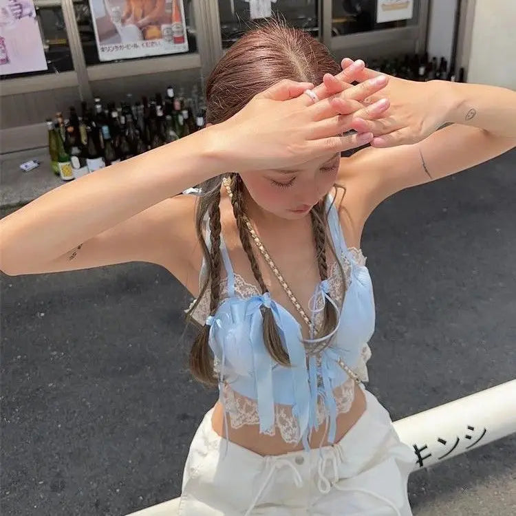 Women Summer Lace Trim Tops Blue Ribbed Bow Tie Backless Spaghetti Strap Crop Top Cute Sweet Girl Sleeveless suspenders 2025 New