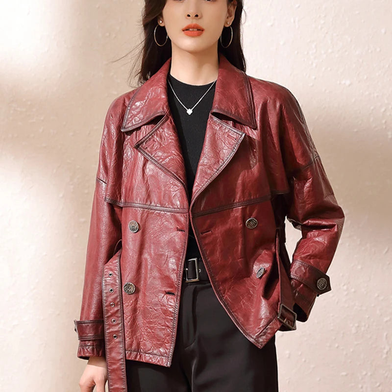 Roupas Femininas Autumn Women's Suit Collar Lace-up Waist Oil Wax Sheepskin Gabardina Mujer Vintage Red Wine Short Trench Coats