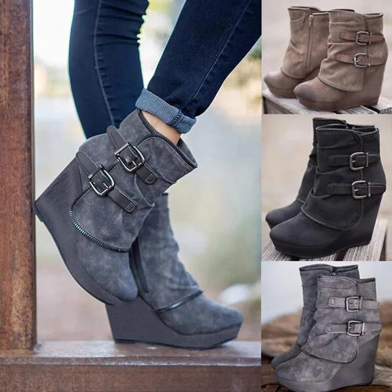 2025 Modern High-heel Boots for Women Ankle Wedges Suede Ladies Shoes Splicing Fake Zip Belt Buckle Height Increasing Daily Wear