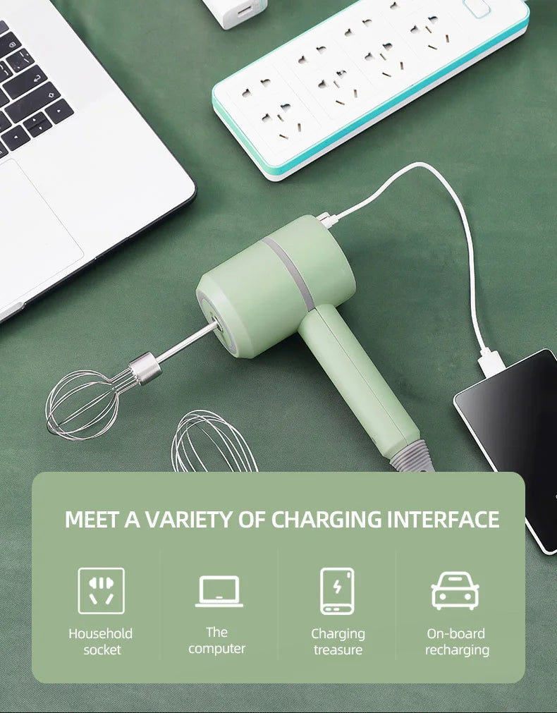 Cordless Electric Hand Mixer,USB Rechargable Handheld Egg Beater with 2 Detachable Stir Whisks 3 Speed Modes,Baking At Home For