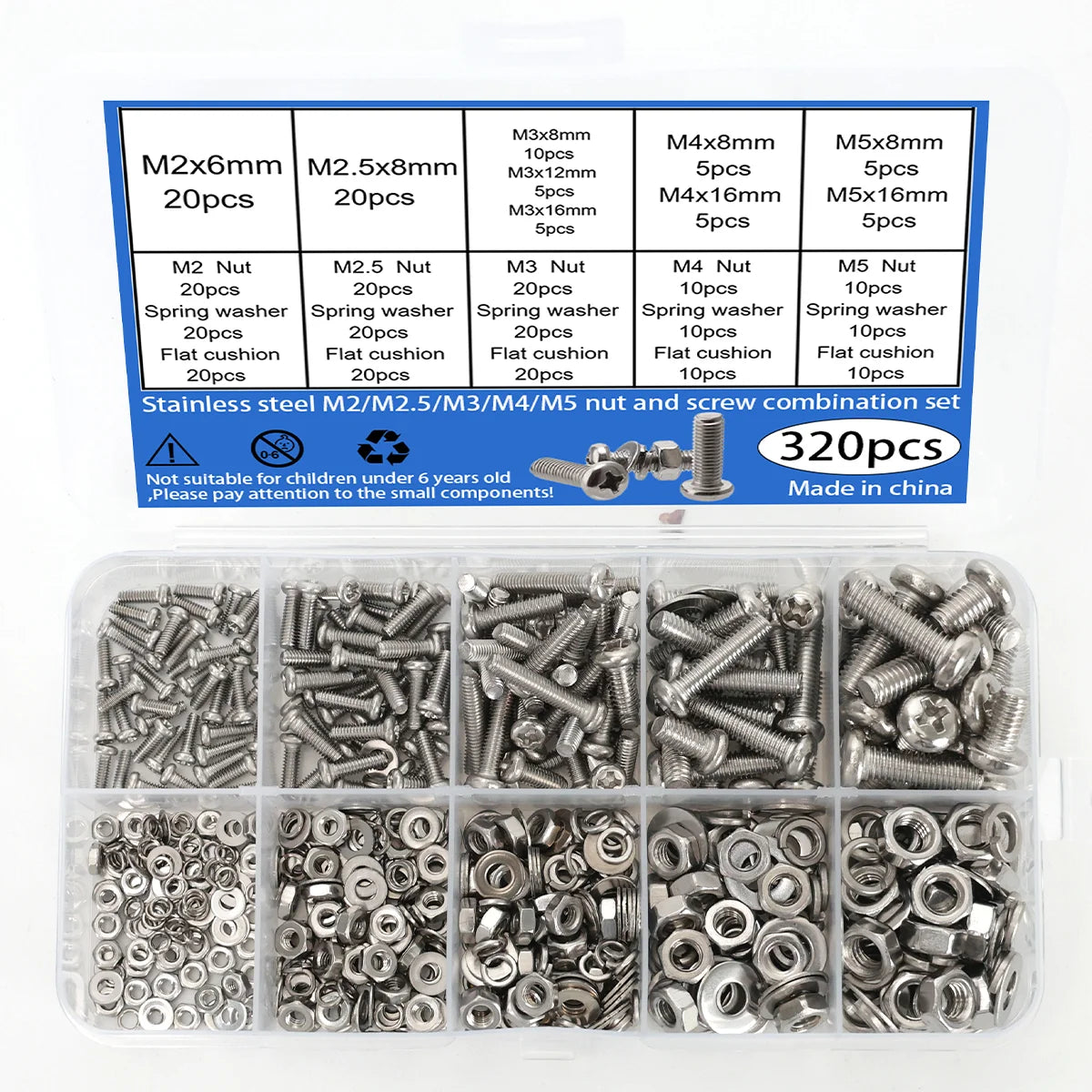320pcs Stainless Steel Screw Nut Bolt Assortment Kit M2 M2.5 M3 M4 M5 Nuts and Bolts Assortment