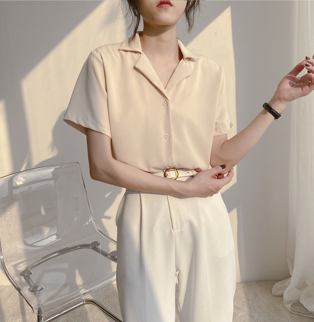Women Summer Elegant Solid Chiffon Blouses Casual Turn Down Collar Short Sleeve Loose Shirts Korean Chic Top Female Tunic