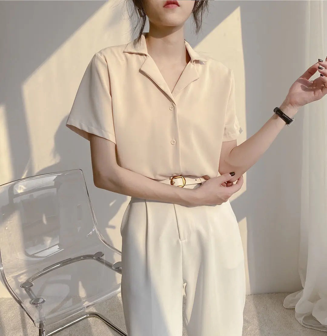 Women Summer Elegant Solid Chiffon Blouses Casual Turn Down Collar Short Sleeve Loose Shirts Korean Chic Top Female Tunic