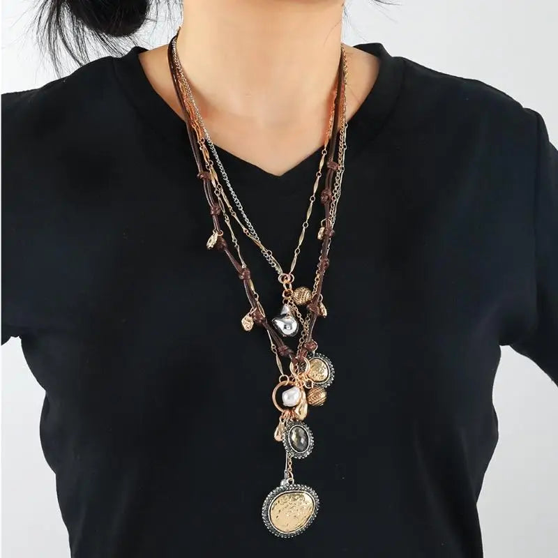 Stylish Women's Bohemian Necklace with Round Coin Badge Pendant; Multi-layer Rope Chain Party Accessory.
