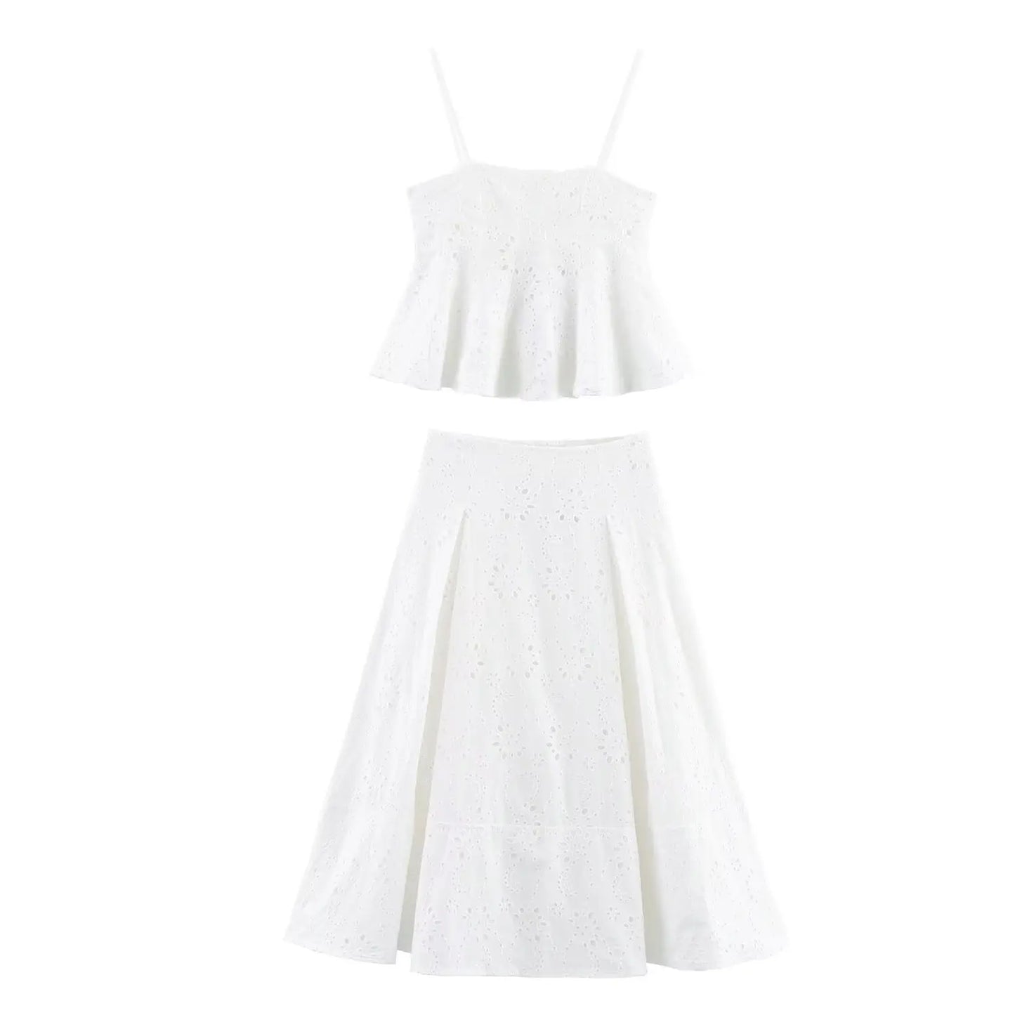 Women Summer Vacation Co Ord Outfits Elegant White Embroidered 2 Piece Set Cropped Top with Thin Straps Matching Cape Midi Skirt