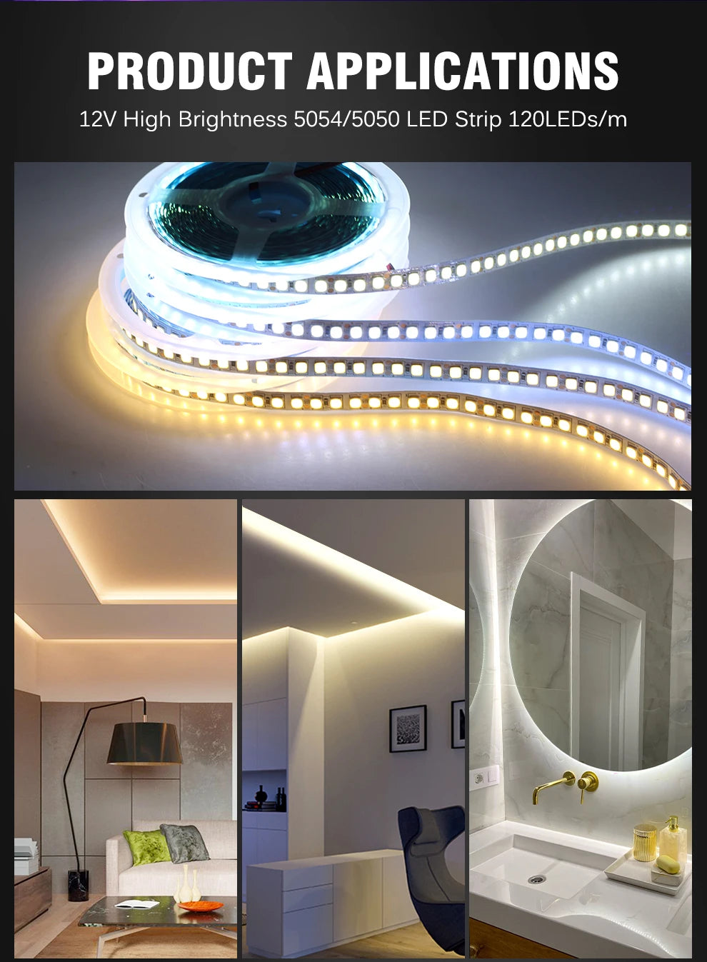 LED Strip 5054 DC12V 120LEDs/m High Flexible Tape Light 3000K 4000K 6000K 7000K IP67 High Brightness LED Strip 5m/lot