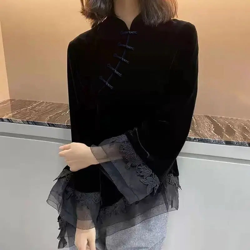 Retro Black Velvet Qipao Top New Chinese Style Stand Up Collar Button Down Bottom Shirt for Women